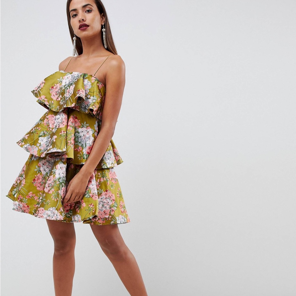 ASOS Olive and Pink Floral Ruffle Mini Dress